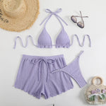 Sexy Purple Thong Bikini with Shorts Women Three Pieces Swimsuit Brazilian Swimwear Female Beachwear Halter Bathing Suit Outfit