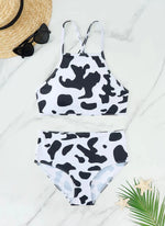 2024 New High Neck Bikinis Women Swimwear High Waist Swimsuit Cow Print Crop Top Halter Criss Cross Bikini Set Bating Suit Beach