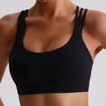 Solid Color Women Fitness Sport Bra Top High Strength Cross Shoulder Strap Gym Underwear Shockproof Tight Workout With Chest Pad