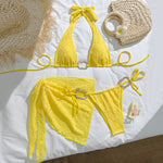 New 3 Pieces Padded String Bikini Set Swimsuit Women Yellow Swimwear with Sarong Skirts Dress Beach Wear Mesh Bathing Suit Pool