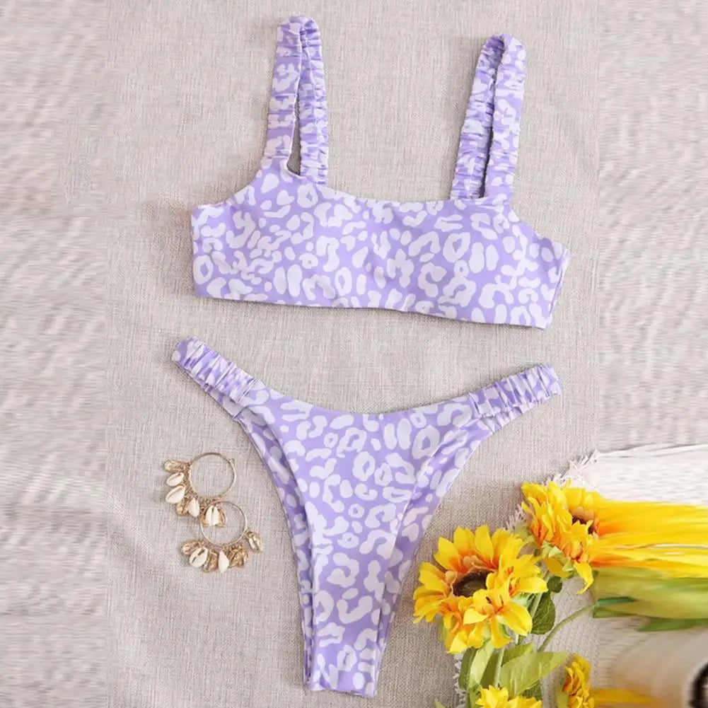 2 Pcs/Set Lady Swimwear Set Leopard Print Quick Dry Women Bathing Suit Slim Fit Wireless Summer Bikini Set For Beach