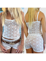 Women 2 Piece Sets See-Through Floral Lace Crop Camisole Tops and Shorts Casual Sexy Club Beach Clothes