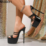 Summer Nightclub Round Toe Peep toe 16cm Extreme Platform High Heels Slippers Ladies Sexy Model Strap Sandals Mules Slides Shoes
