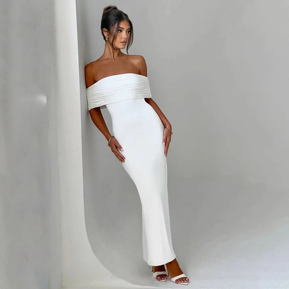 Temperament Slim Strapless Long Dress Women Solid Color Sexy Off-shoulder Backless Package Hip Sleeveless Club Party Dresses