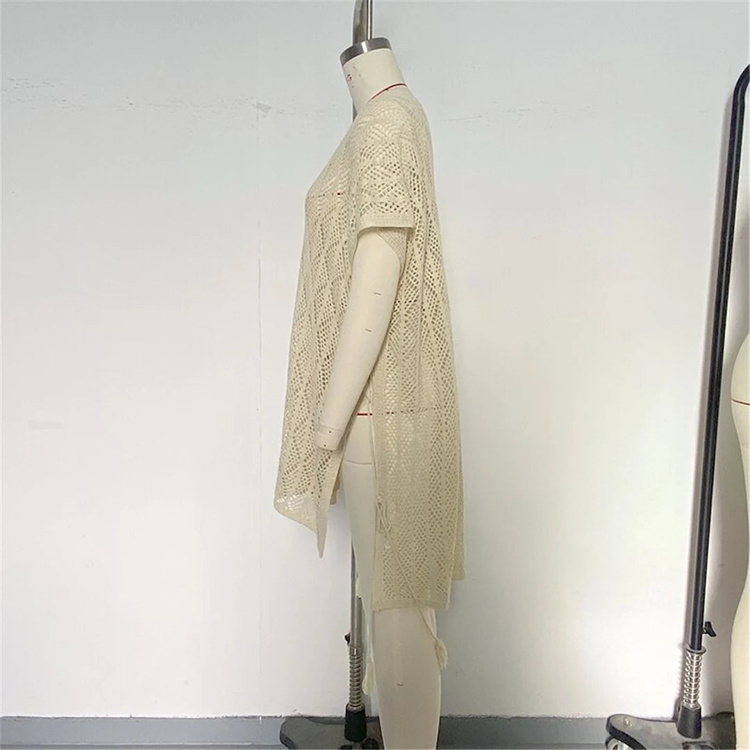 Sexy Short Sleeve Hollow Out Crochet Knitted Tunic Beach Cover Up Cover-ups Beach Dress Beach Wear Beachwear Female Women K6686