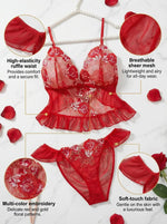 Floral Embroidery Lace Lingerie Set Sexy Women Sheer Mesh Ruffle Trim Cami Top And Panty 2 Piece Sleepwear