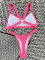 Sexy Ring Linked Backless Bikini Set Women Solid Black White Hollow Out Push Up Micro Swimsuit 2024 Bathing Suit Thong Swimwear