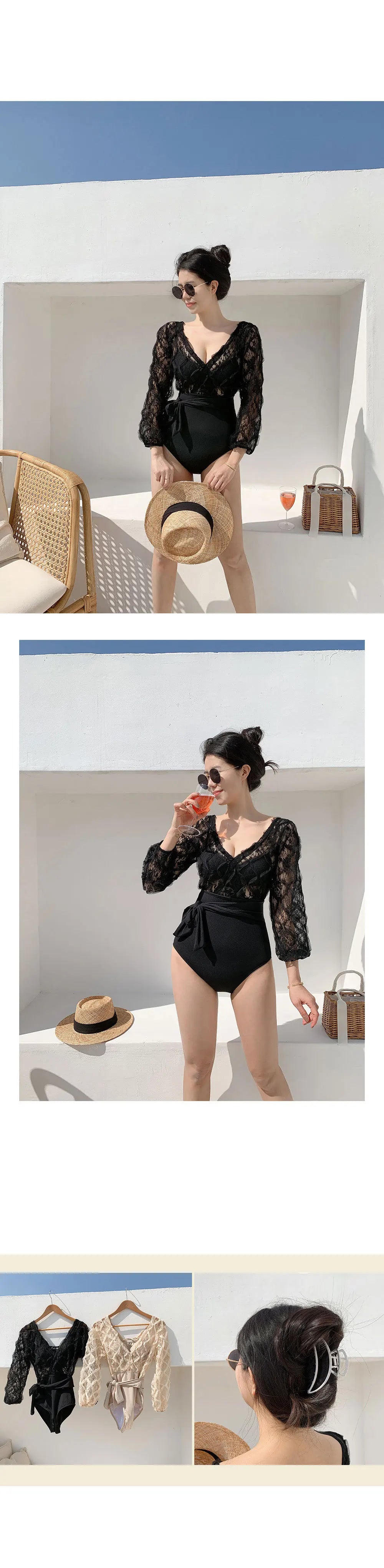 Long Sleeve Korean Style One Piece Swimwear Women Solid Black Mesh Patchwork Belt Push Up Bathing Suit Swimwear Monokini 2025