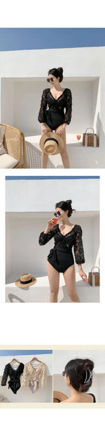 Long Sleeve Korean Style One Piece Swimwear Women Solid Black Mesh Patchwork Belt Push Up Bathing Suit Swimwear Monokini 2025