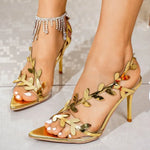 Women High-heeled Sandals Sexy Pointed Toe Designer Rhinestone Leaf Decoration Stiletto Sandals Summer Fashion Luxury Pumps
