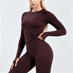 HISTELLO Defy Long Sleeve Top Women Fitness Pilates Clothes Seamless Round Neck Sports Shirt Slim Fit Activewear Gym Workout Top