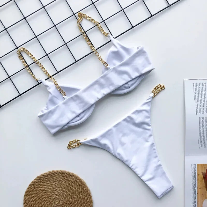 Sexy Metal Chains String High Cut One Piece Swimsuit Women Swimwear Female Monokini Tummy Cut Out Bathing Suit Swim Beach Wear