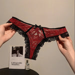 Women’s Flower Embroidery Sexy Thong Spicy Girl Lace Transparent Underpants Thin Summer Hollow Out Panties Bow Briefs