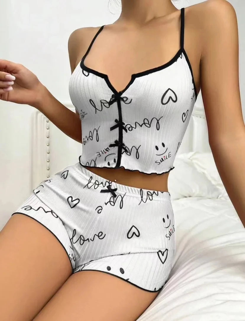Women Cute Pajama Set Heart Print Lettuce Trim Bow Front Cami Top and Shorts Pj Set Soft Sleepwear