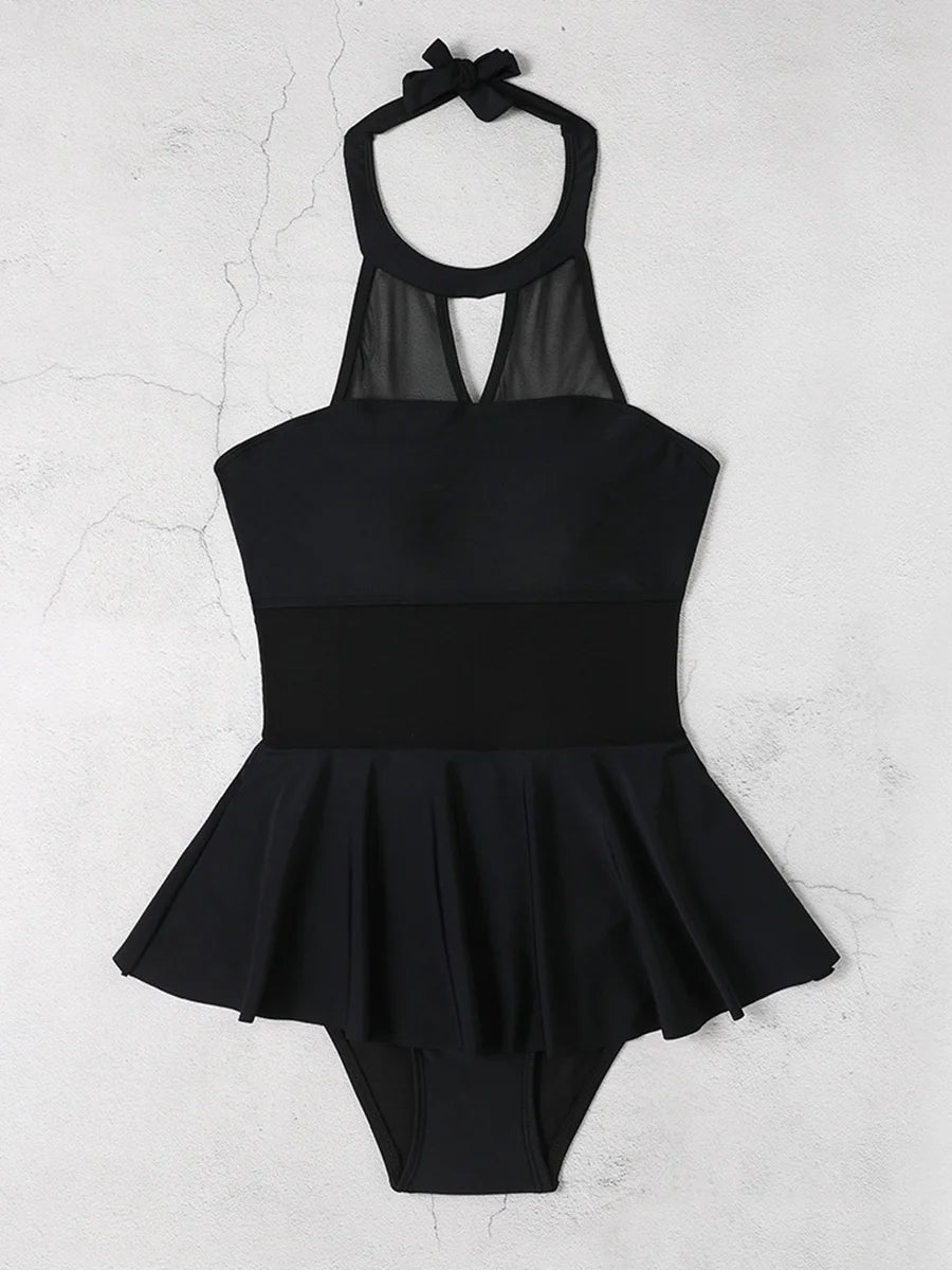 2026 Halter String Solid Swimsuit One Piece Sexy Black MeshSwimwear Women Bathing Suit Female Swimming Summer Beachwear Bodysuit