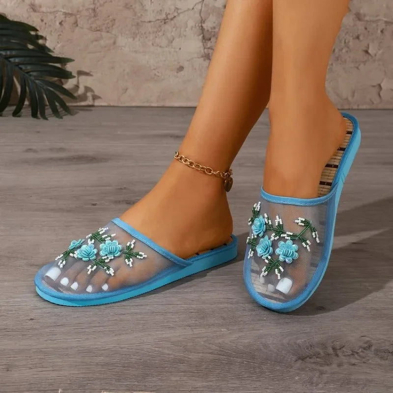 Womens Slippers Summer Mesh Breathable Shoes Flats Closed Toe Embroider Soft Bottom Chaussures