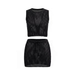 Women Hollow Out Knit Cover-ups Outfit See Through Tank Tops and Drawstring Mini Skirt 2 Piece Sets Daily Casual Beach Summer