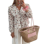 Floral Print Babydoll Tops for Women Casual Loose Doll Collar Open Front Tie-Up Ruffled Hem Long Sleeve Blouse for Fall