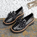 Women Polka‑Dot Bow Platform Loafers Round‑Toe Slip‑On Lug‑Sole PU Leather Contrast Stitching Vintage Casual Daily Shoes