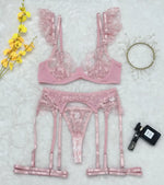 sexy lingerie embroidered see-through mesh bra with underwire four-piece set