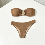 2026 Sexy Bikini Women Coffee Metal Water Droplet Ornament Push Up Mesh Skirt 3 Piece Swimsuit Beach Bathing Suit Swimwear