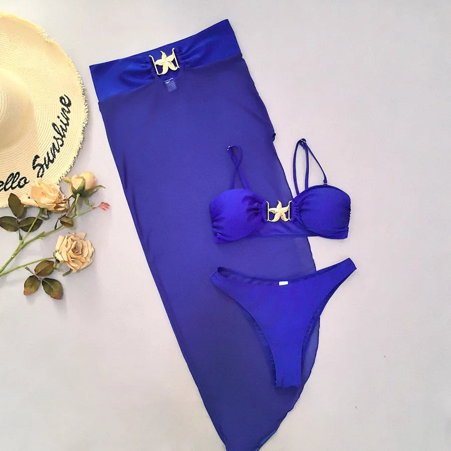 Sexy Meal Starfish Designer Bikinis Sets Women Black Push Up Buckle Mesh Skirt 3 Piece Swimsuit Beach Bathing Suit Swimwear 2025