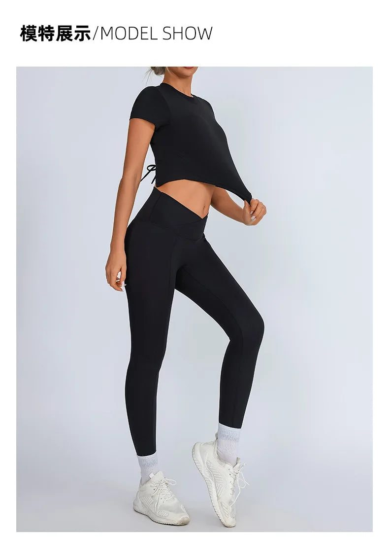 Yoga Short Sleeved T-shirt Women Hollow Back Bandage Tie Cross Sports Tank Top with Chest Gym Running Active Wear Fitness Shirts