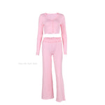 Women 2026 Autumn Winter Knit Pajama Set V Neck Open Front Ruffle Long Pants Two Piece European Style Ladies Homewear Sleepwear