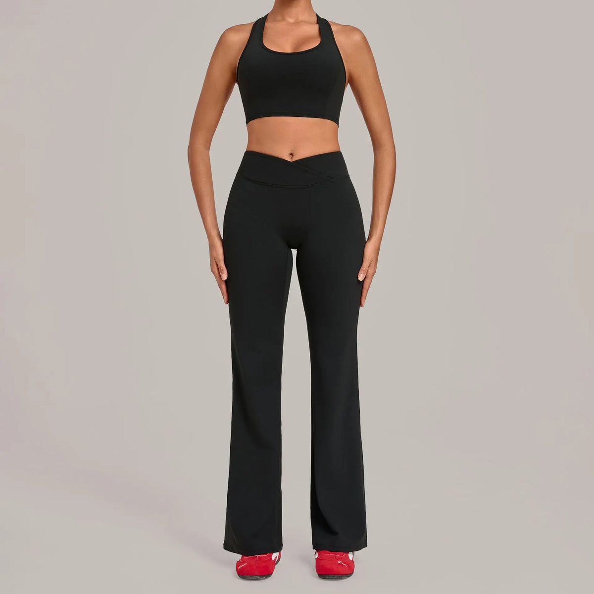 Breathable Stretch Yoga Sets Women Quick Drying Shockproof Sports Bra High Waist Bell Bottom Pants Gym Two-piece Fitness Suit