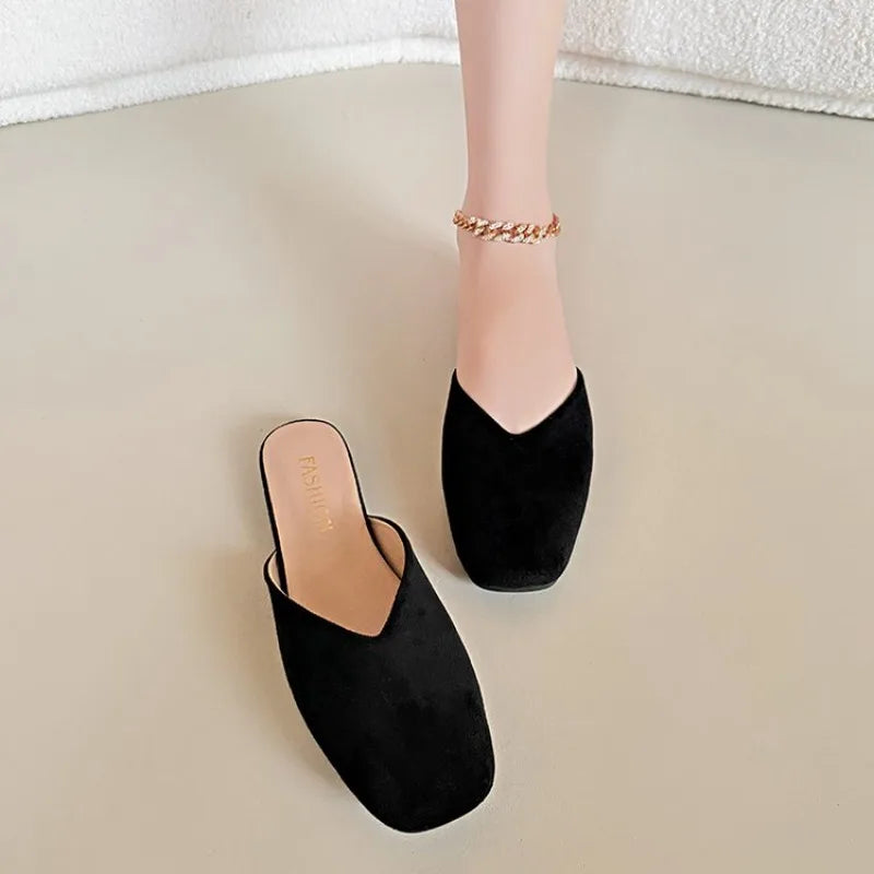 Women Suede Flats Mules Shoes Square Toe Slingback Slippers Casual Sandals 2026Trend Summer Dress Flip Flops Cozy Mujer Slides