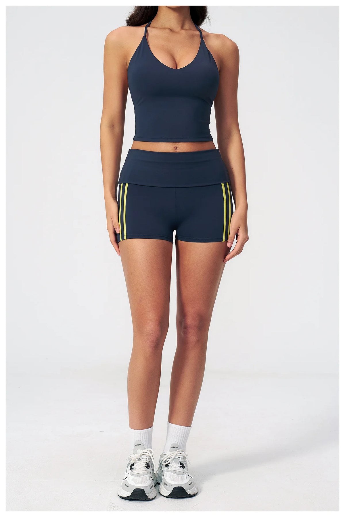 Color Blocked Yoga Suit 2 Pieces Women Slim Sports Tank Top High Waist Leggings Shorts Outfit Tight Outdoor Running Fitness Suit