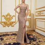 Women's Sparkly Sequin Long Formal Dress Square Neck Backless Split Mermaid Prom Dress Spaghetti Strap Evening Party Gown