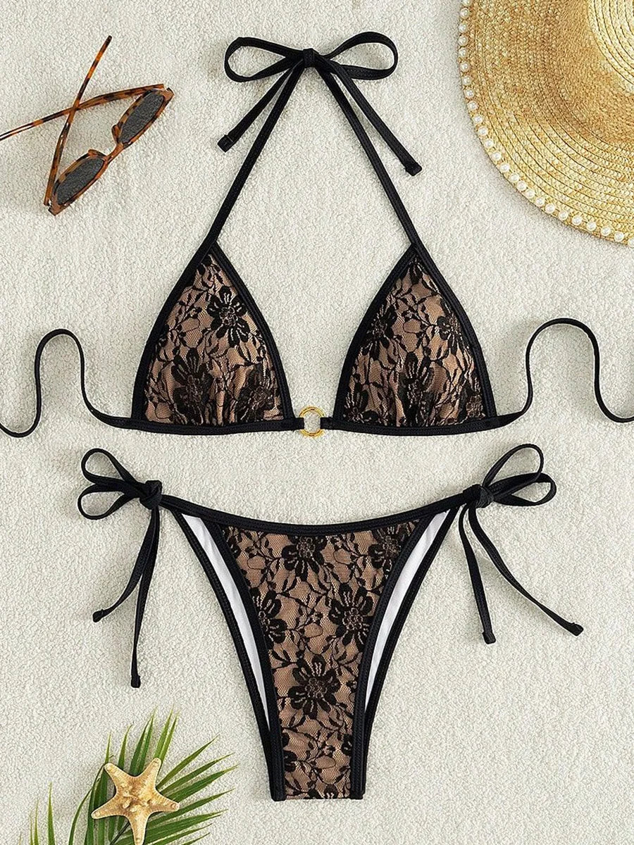 Embroidery Mesh Lace Halter High Cut Bikini Female Swimsuit Women Swimwear Two-pieces Bikini Set Bather Bathing Suit Swim Beach