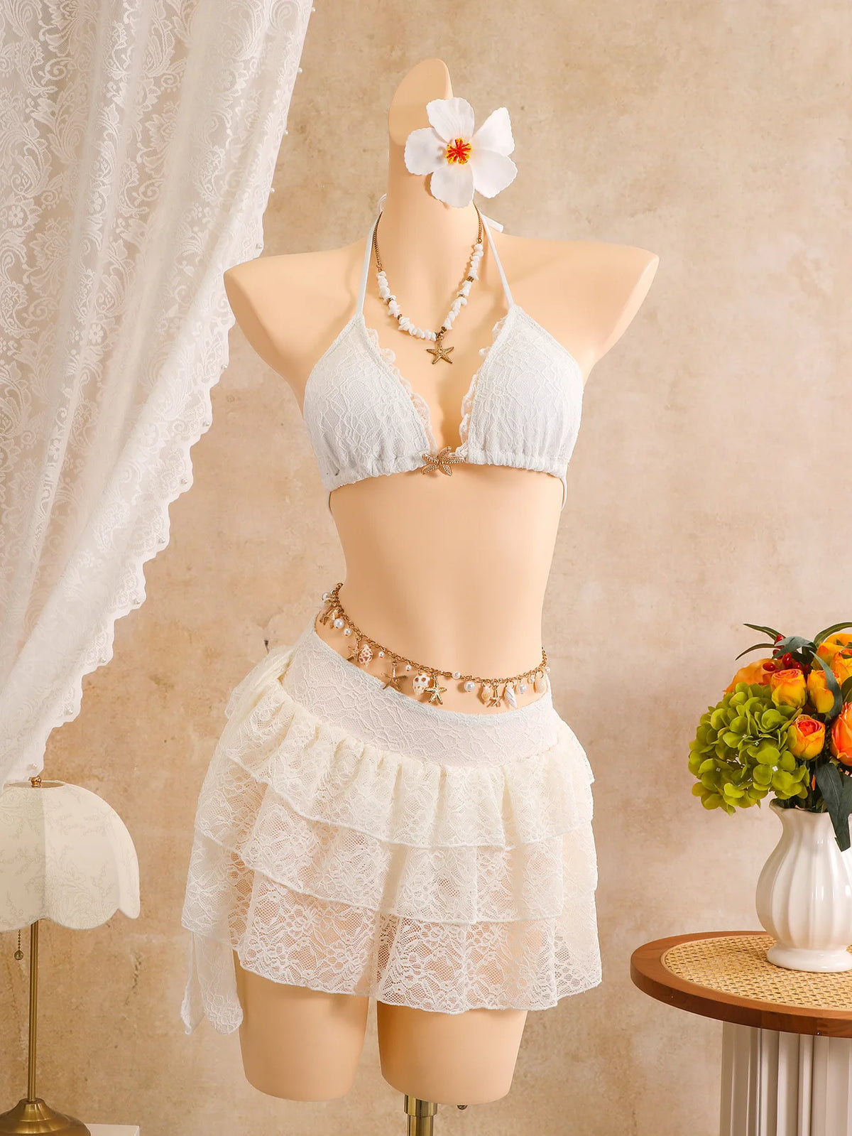Sexy White Lace Bikini Set 2026 Women Beach Starfish Push Up Bra Swimsuit Holiday Bathing Suit Pleate Cover Up 3 Piece Swimwear