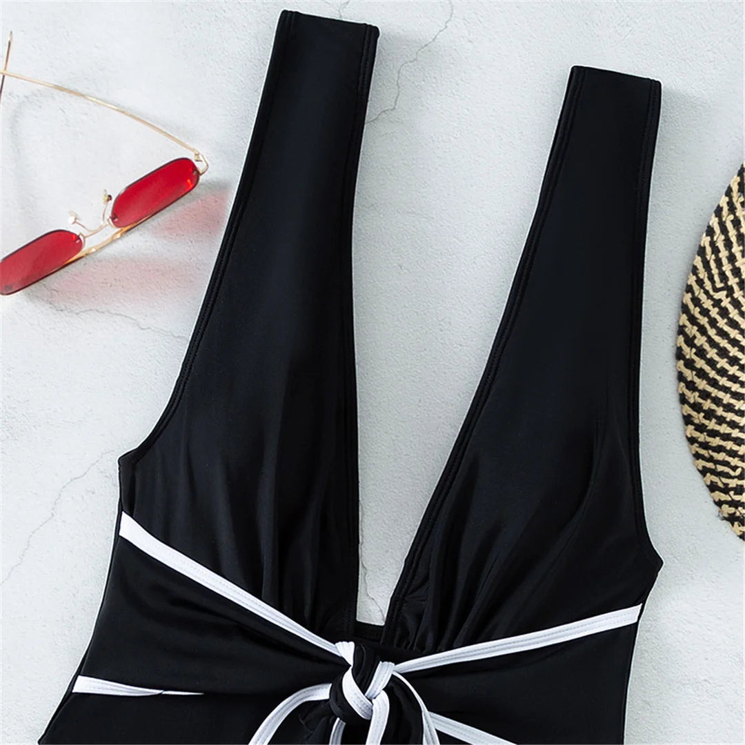 Sexy Knotted Deep V Backless Monokini One Piece Swimsuit Women Swimwear Female Padded High Cut Bather Bathing Suit Swim V3487