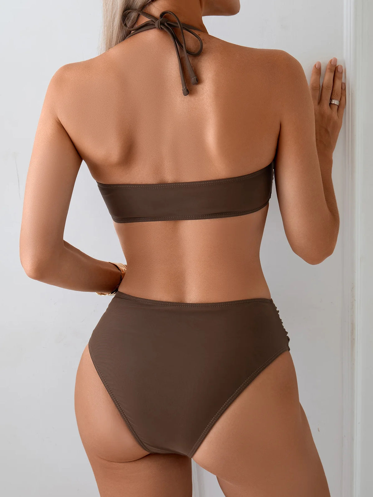 Sexy Coffee Black Swimwear Women 2026 Bandeau V Wire Pleate Push Up High Waist Swimsuit Beach Bathing Suit Vacation Bikini