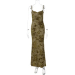 FDYOUI Sexy Elegant Chain Backless Green Floral Evening Dress for Women Sleeveless Bodycon Long Cocktail Dresses Party Club Gown