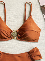 Sexy Pleate High Waist Bikini Set 2026 Women Orange Metal Buckle Push Up Two Piece Swimsuit Beach Bathing Suit Holiday Swimwear