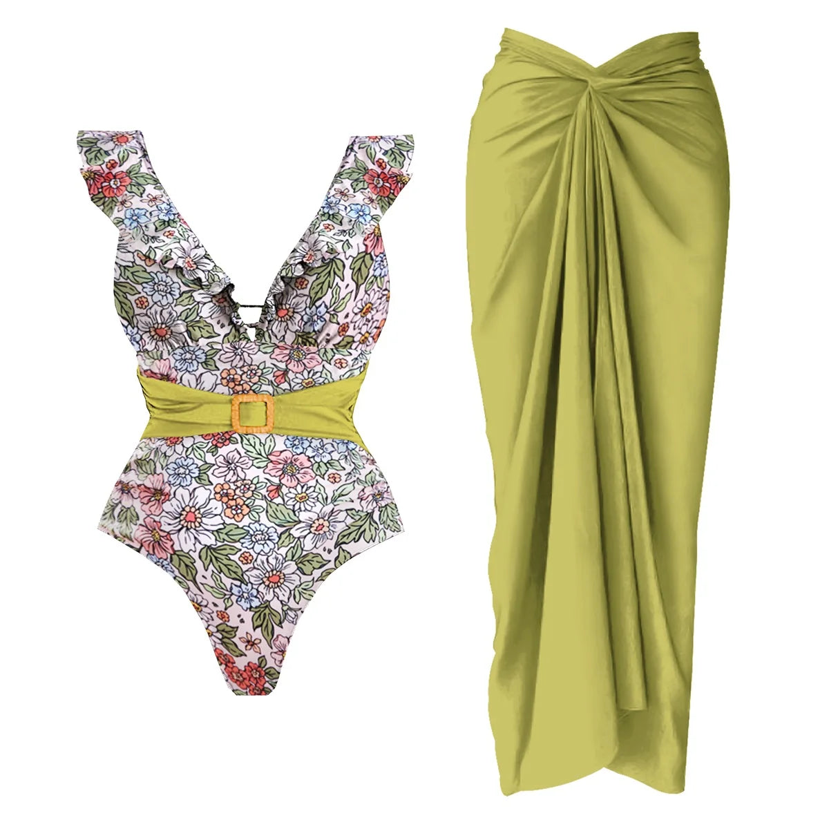 2 Pieces Retro Printed Swimsuit With Cover Up Sexy Women Swimwear 2025 V Neck Bikinis Female Biquini 3XL Bodysuit Beachwear