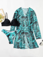 2025 Three Pieces Bikini Set Cover Up Swimwear Women Swimsuit Print Long Sleeve Push Up Bathing Suit Beachwear Swimming Biquini