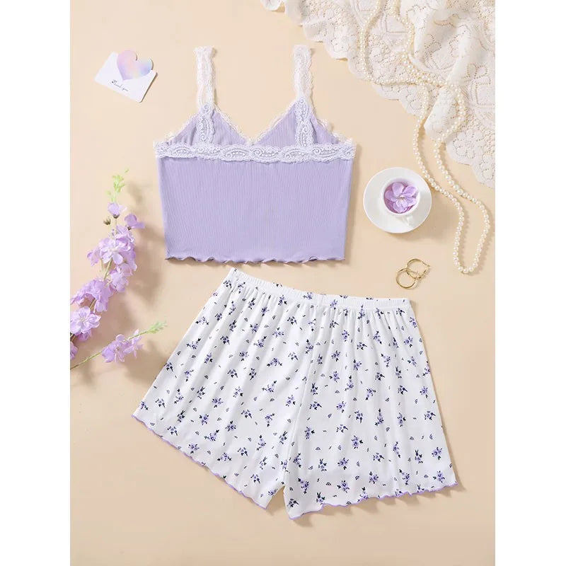 A Set Summer Pajamas For Women Mini Tank Tops And Shorts Best-Selling Loungewear Lace-trimmed Corset & Floral Short Pajama Sets
