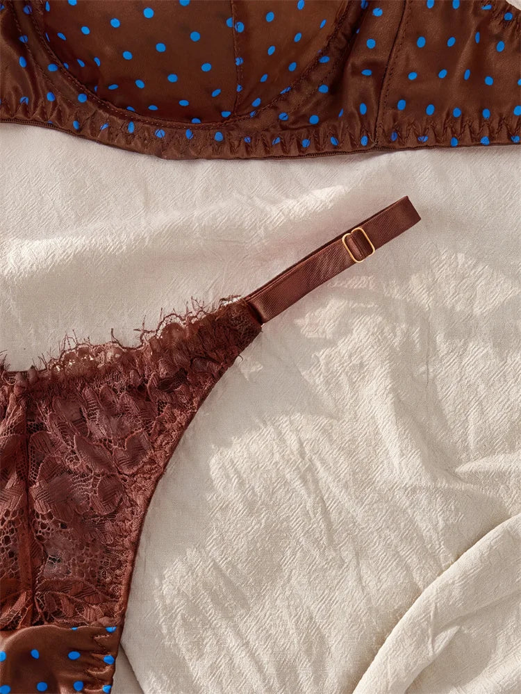 French Retro Brown Satin Lingerie Set Polka Dot Lace Splicing Women's Underwear Luxury Underwire Bra and Panty Set Sexy Intimate