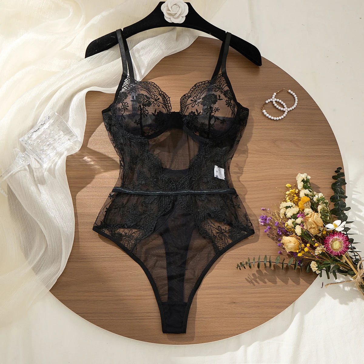 Black Lace Bodysuit with Floral Embroidery Sexy High-Waist Triangle Panties Strap Design Shapely Cutout to Highlight Women's Cur
