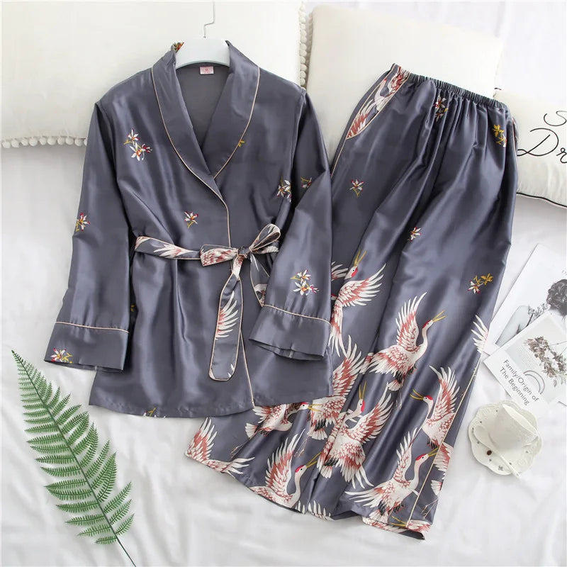 Crane Print Silk Satin Female Pajamas Retro Long Sleeve Robe with Trouser Sleepwear Comfortable Wedding Nightwear for Home