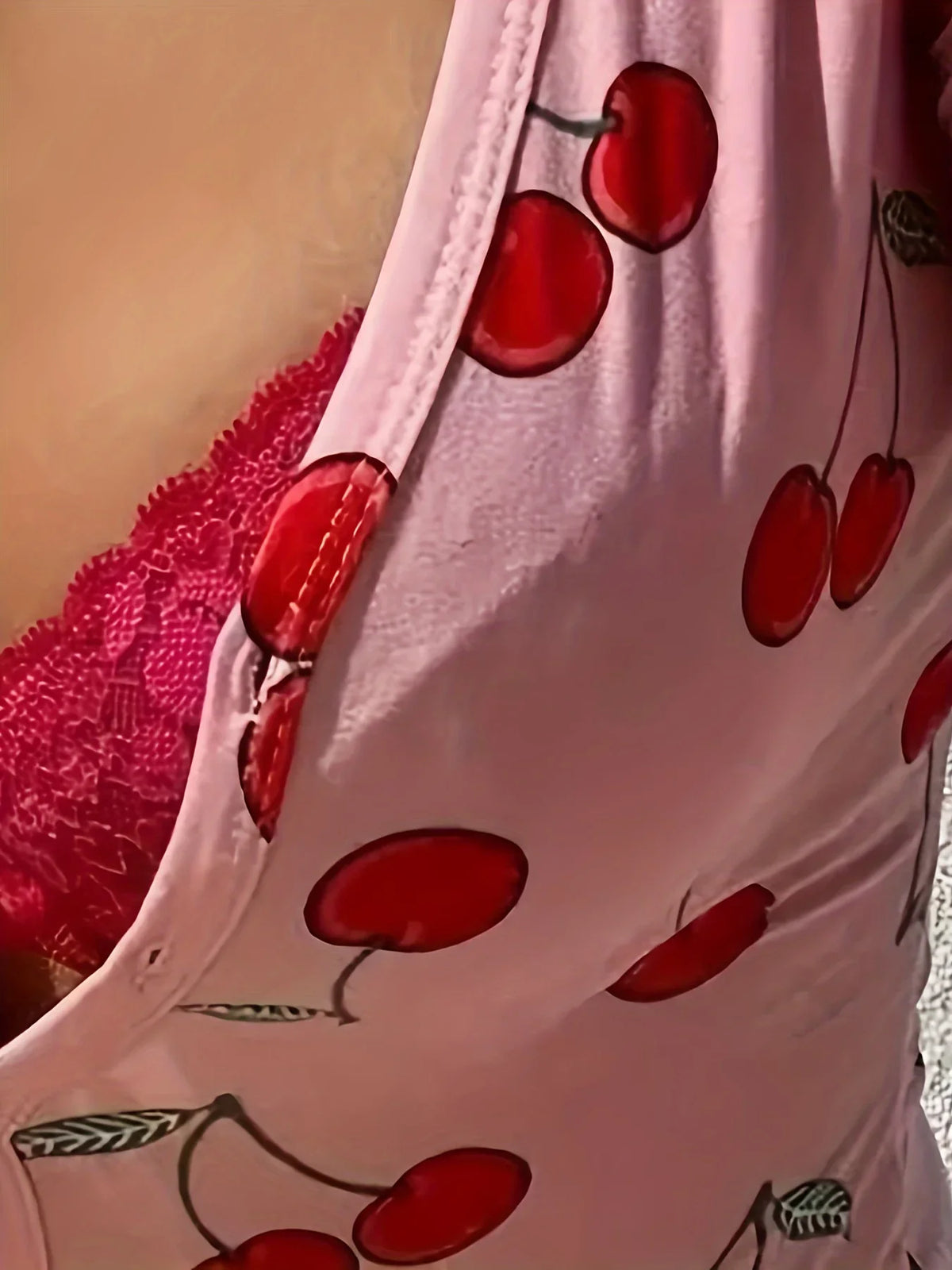 Pajamas Women's Sexy Onesies Bodysuit Casual Cherry Print V-neck Front Button Long Sleeve Slim Fit Jumpsuit Sleepwear