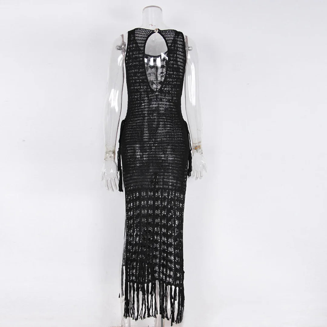 S-XL Sexy Hollow Out Fringe Tassel Knitted Crochet Tunic Beach Cover Up Cover-ups Beach Dress Beach Wear Beachwear Female V3800C
