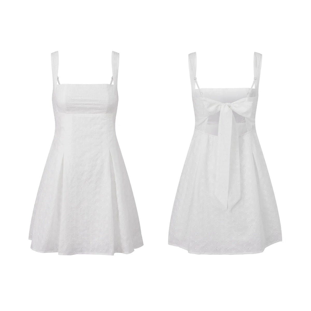 2026 Summer Women's Floral Eyelet White Cami Dress Sleeveless Square Neck A-line Dress Beach Bohemian Retro Sundress