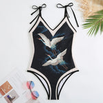 Sexy One-piece Swimsuit with Skirt Swimwear Women Flower Bird Print Body Bathing Suit Beach Swim Pool 2024 Female Swimming Suit