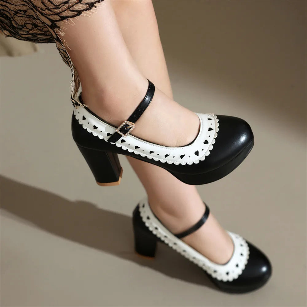 Plus Size 45 Sweet Mary Janes Shoes Women Cute Blue Block High Heels Lolita Pumps Lovely Pink Heart Edge Platform High-heeled