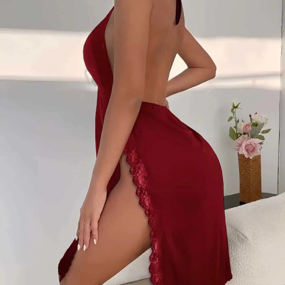 Sexy Leopard Print Backless Nightgown with Lace Trim, Deep V Halter Lingerie Dress for Women, Side Slit Soft Nightwear Sexy Chic